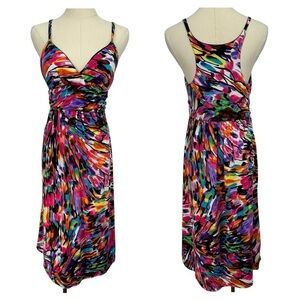 JFW Colourful Fit and Flare Dress Sz M/L Pink Paint Splatter Sexy Sundress EUC